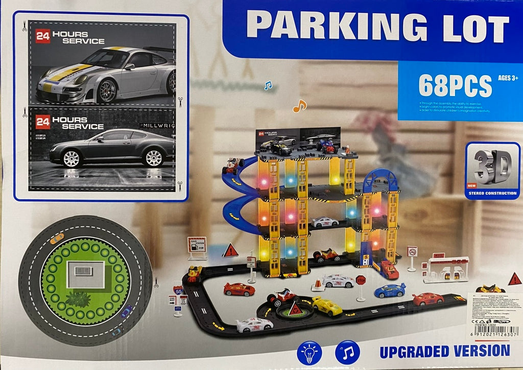 3 Level Parking Lot Garage Toy with 4 Cars- Light & Sound- 68 Pcs