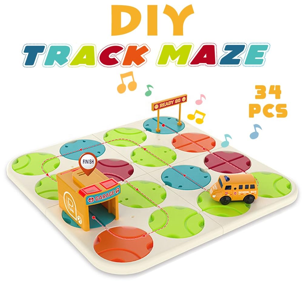 DIY Car Track Puzzle Maze Toy with Light & Music- Logical Brain Teaser Games- 34 Pcs Car Puzzle Toy