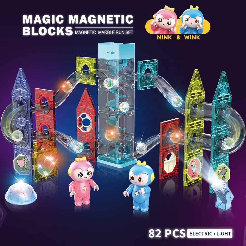 Light-Electric Magnetic Tiles- 82 Pcs Elevator Marble Run