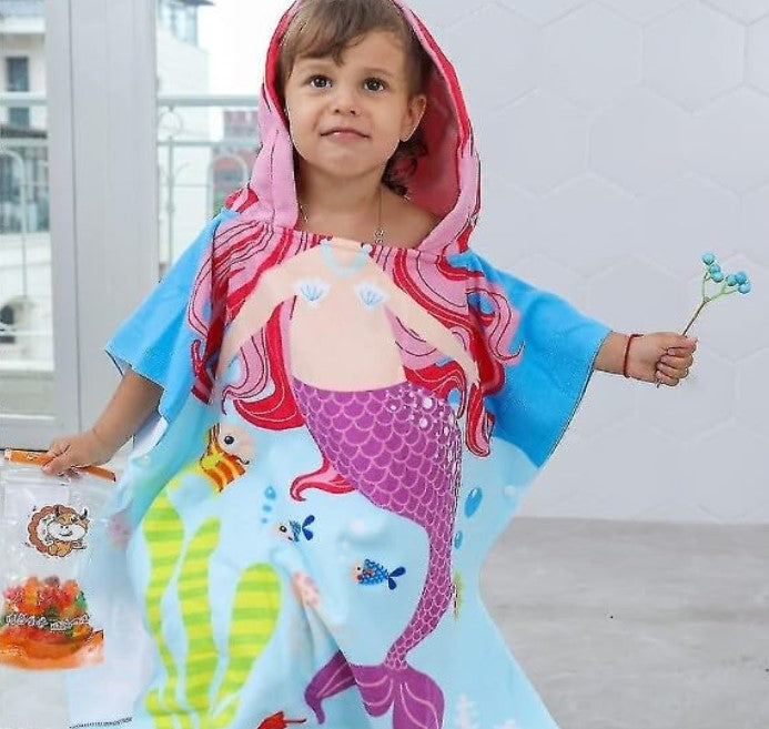 Hooded Purple Mermaid Poncho Kids Beach/Pool/Bath Towels - Lightweight Soft Microfiber Quick Dry Toddler Towel for Ages 4 to 7-29.5inch x 29.5 inch