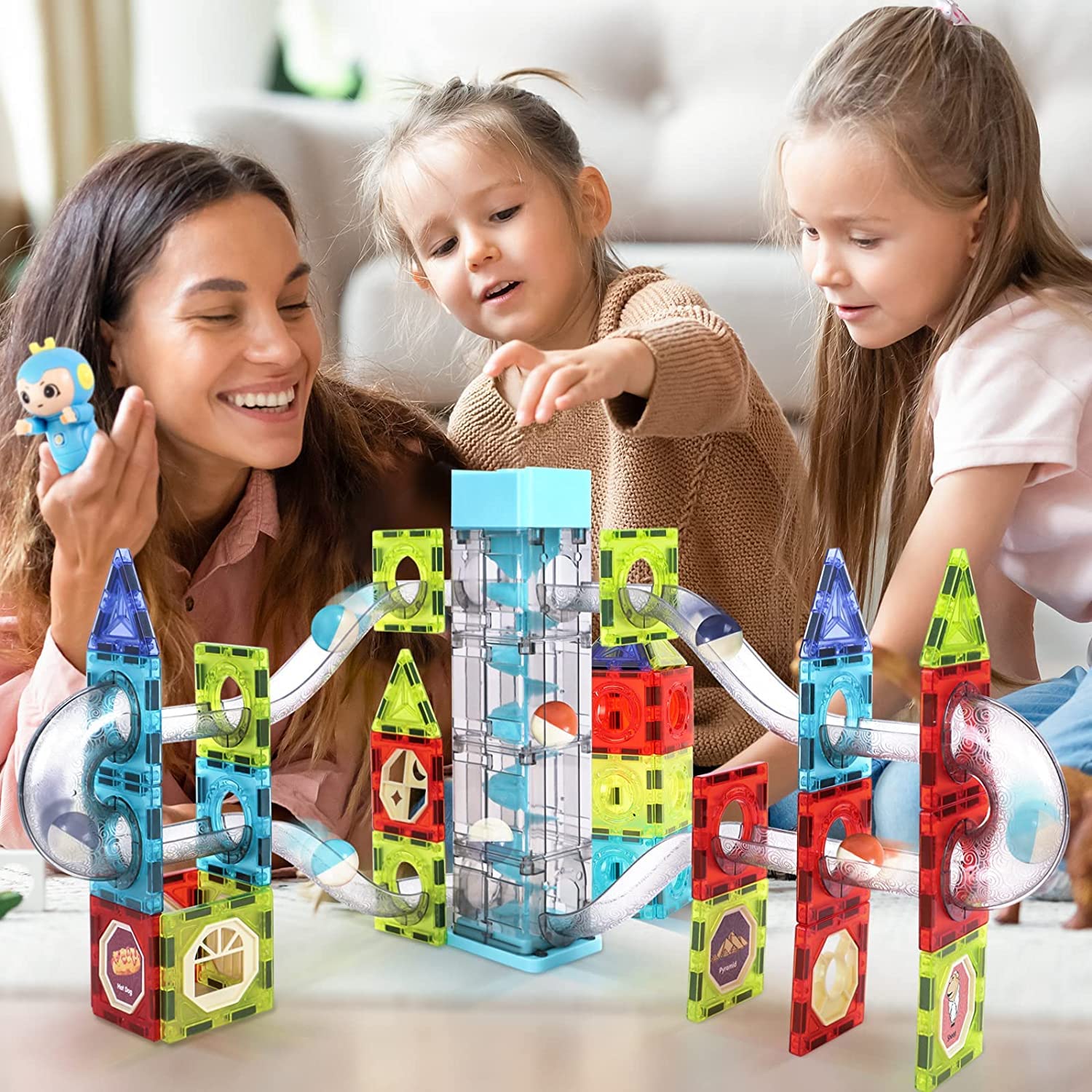 Magnetic Tiles Building Blocks for Kids | 3D STEAM Toys for Kids Age 6+Year Old Boys Girls | Musical Elevator Marble Run-73 PCS