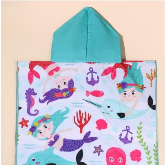 Hooded Cute Mermaid Poncho Kids Beach/Pool/Bath Towels - Lightweight Soft Microfiber Quick Dry Toddler Towel for Ages 4 to 7-29.5inch x 29.5 inch