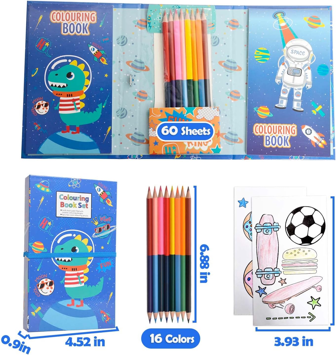 Travel Coloring Kit for Kids- No Mess Dinosaur Coloring Set with 60 Coloring Pages and 8 double sided Coloring Pencils