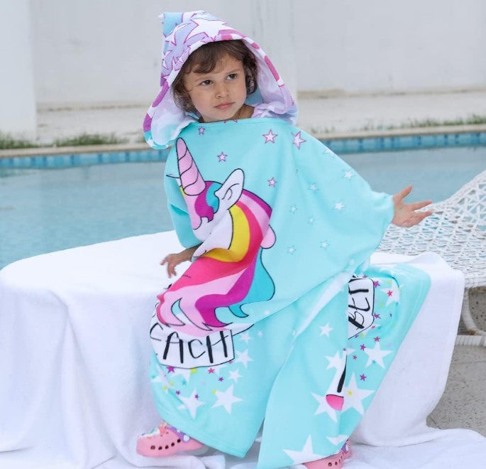 Hooded Unicorn Poncho Kids Beach/Pool/Bath Towels - Lightweight Soft Microfiber Quick Dry Toddler Towel for Ages 4 to 7-29.5inch x 29.5 inch