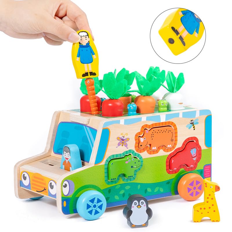 Multifunctional Wooden Puzzle Early Education & Montessori Toy with Pulling Carrots, Catching Bugs, Shape & Animal Matching Games !