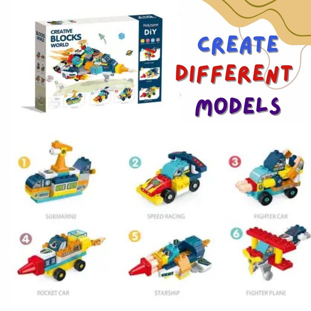 DIY Creative Building Blocks Big Size- Create Starship, Racing Cars, Submarines, Fighter Planes & More Models- 183 Pcs Bright Colorful Bricks Set Educational Toys for Kids