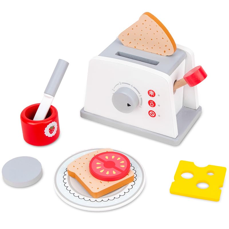 Pop Up Toaster Toy Set with Kitchen Accessories, 8 Pc Wooden Playset -Interactive Role Play Toys