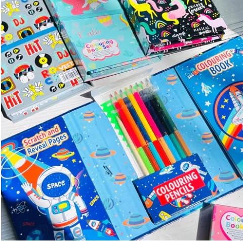 Travel Coloring Kit for Kids- No Mess Space Coloring Set with 60 Coloring Pages and 8 double sided Coloring Pencils