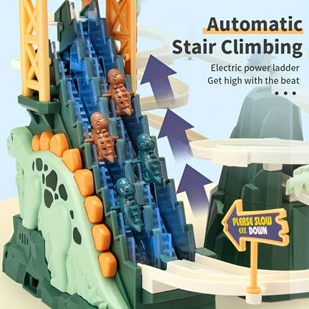 Dinosaur Race Track Climb & Slide Stairs Game Set with Light & Music for Kids- Random Colour