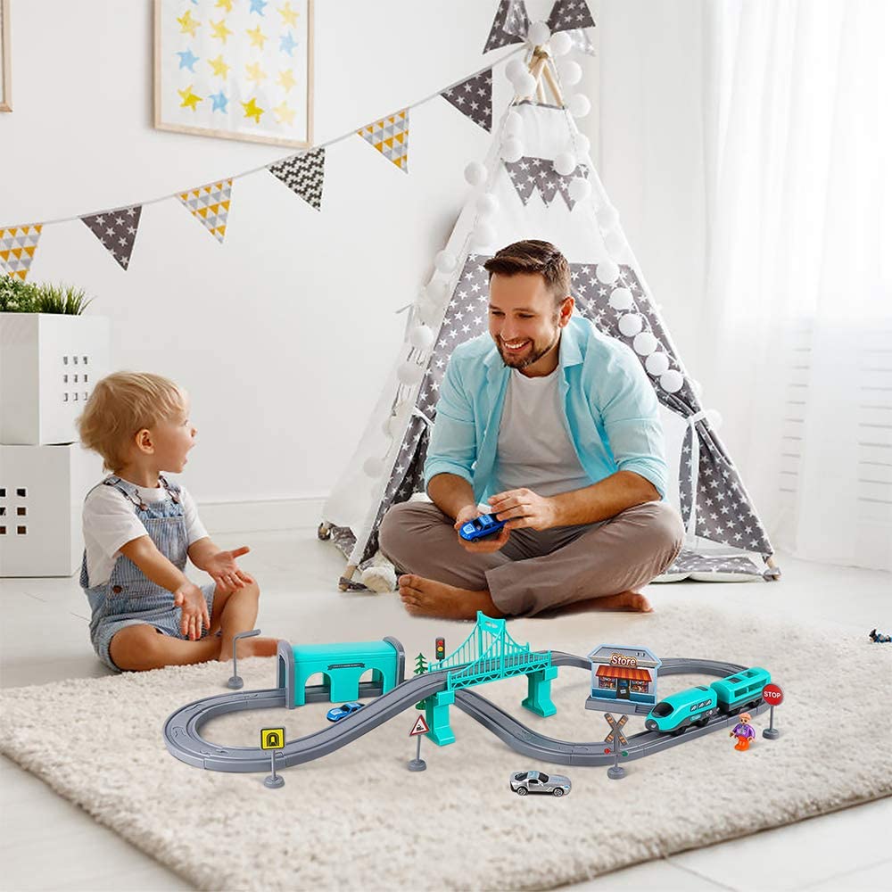 DIY Train & Car Track Set for Kids-66 pcs| Battery-Powered Train Toys| City Theme Accessories for Kids