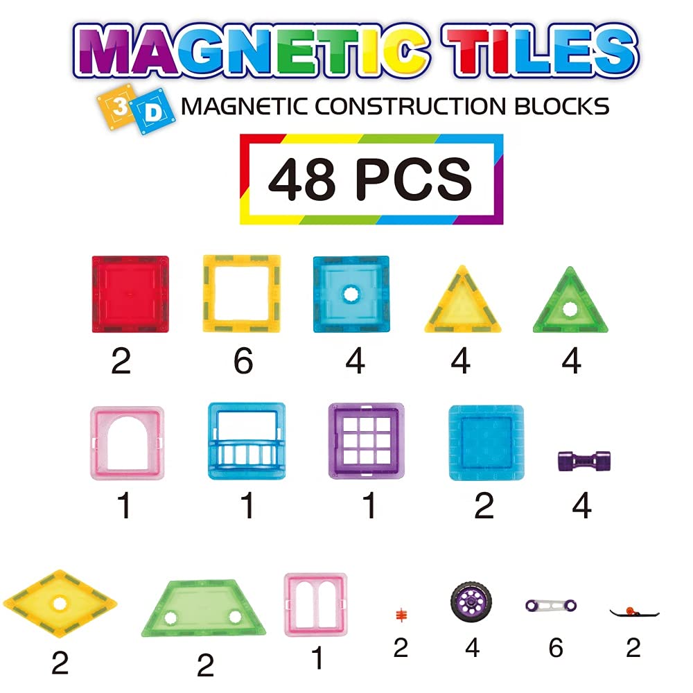 Magnetic Tile for Kids- 48 Pc-Create Ferris Wheel- Robot- Castles & More