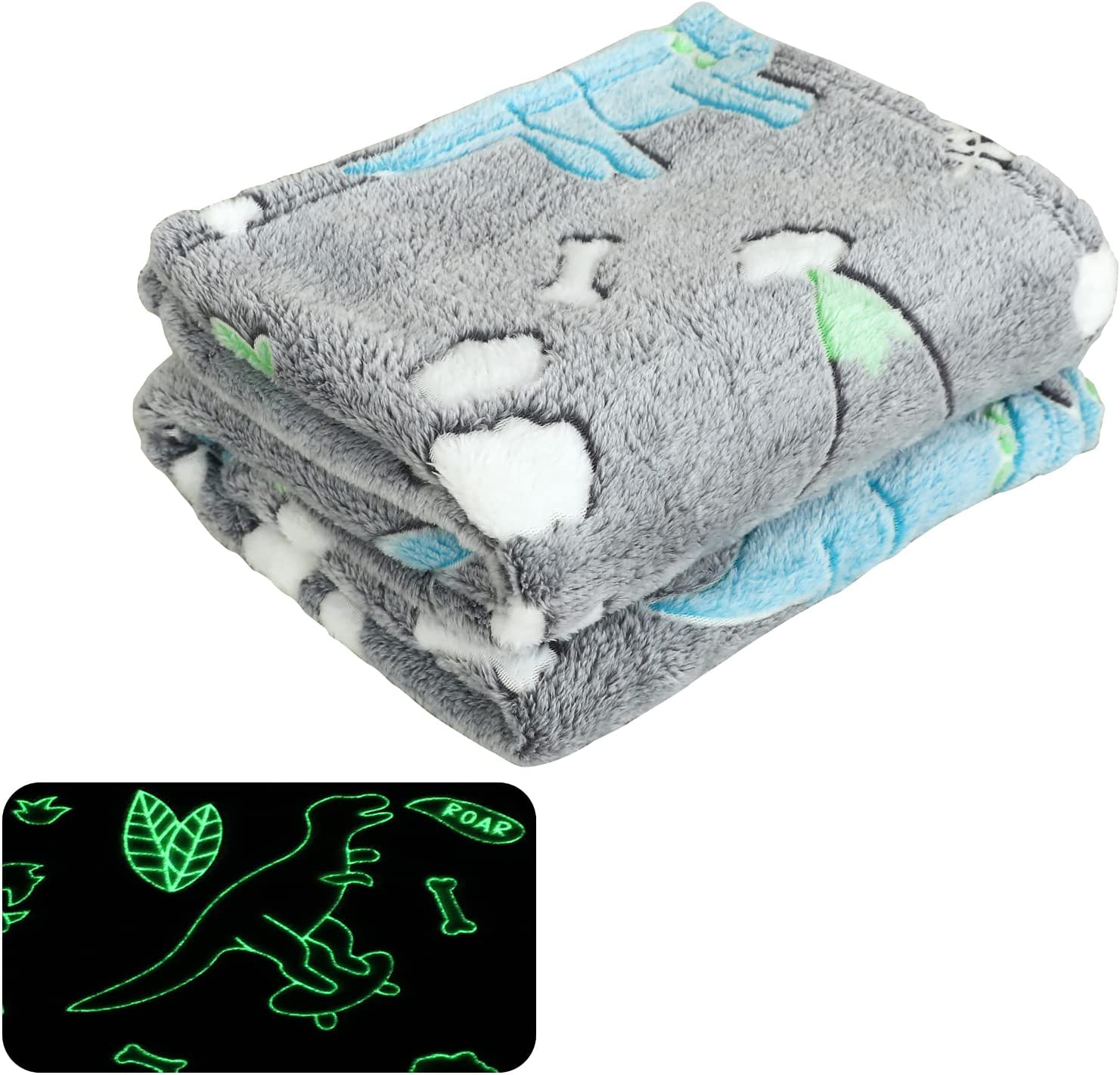 Grey Dinosaur Glow in The Dark Soft & Cozy Blanket- 80 x 60 inch