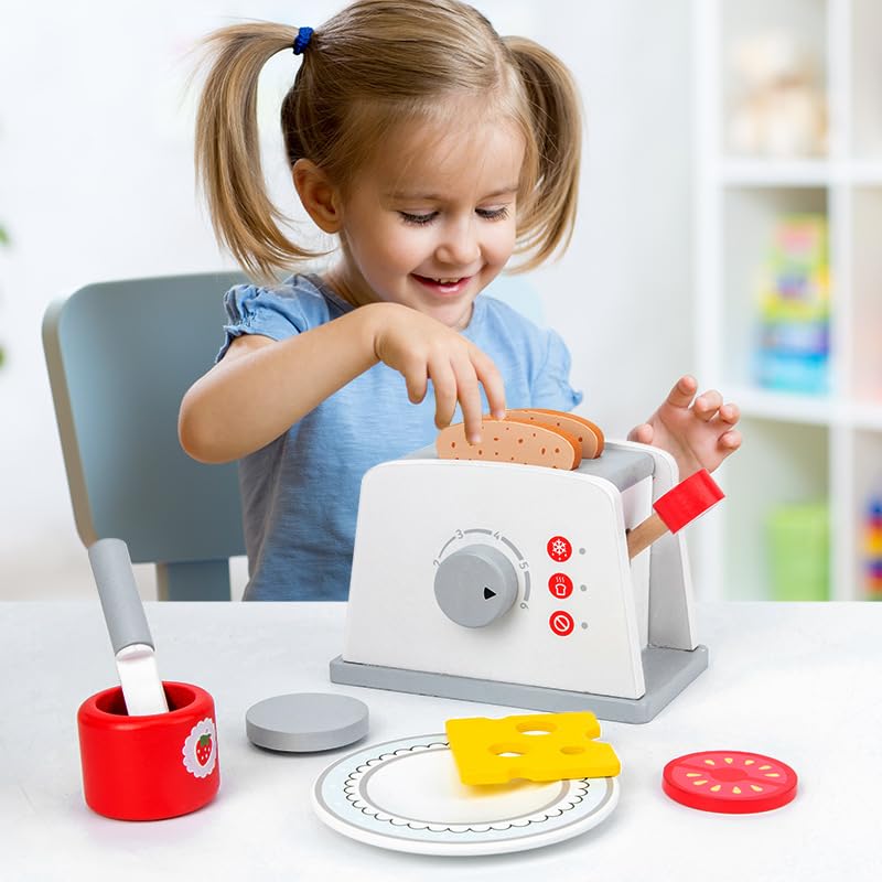 Pop Up Toaster Toy Set with Kitchen Accessories, 8 Pc Wooden Playset -Interactive Role Play Toys