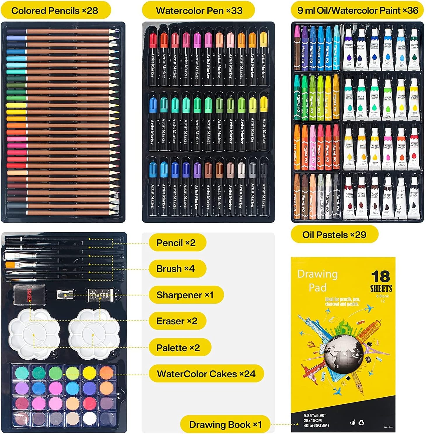 145Pcs Kids Art Set- Includes Oil Pastels, Colored Pencils & Pens, Watercolors & more- Unicorn Blue Aluminum Case