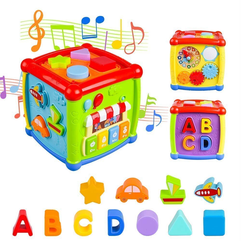 Fancy Cube Activity Toy, Shapes-Colour-Vehicle-Alphabets Sorter Blocks with Music for Babies