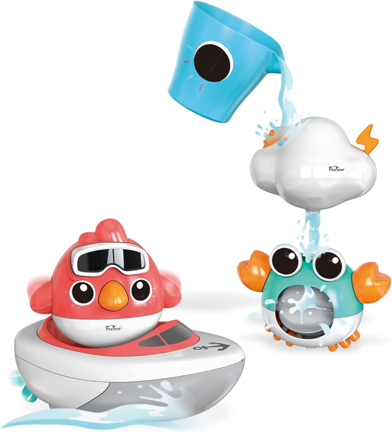 Baby Bath Toys Set- 5 Charming Water Toys – a Bird, Crab, Cloud, Wind up Boat, and Cup for Endless Bath-time Enjoyment for Toddlers and Kids