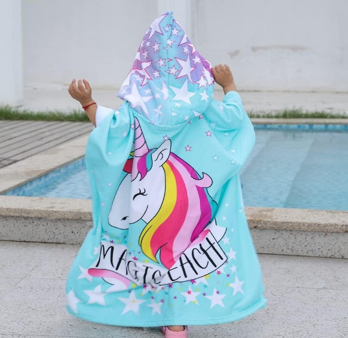 Hooded Unicorn Poncho Kids Beach/Pool/Bath Towels - Lightweight Soft Microfiber Quick Dry Toddler Towel for Ages 4 to 7-29.5inch x 29.5 inch