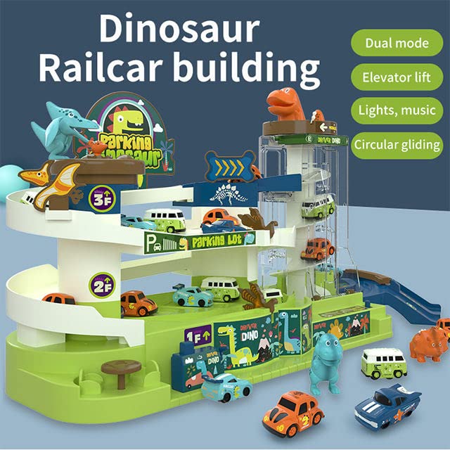 Dinosaur 4 Car Parking Race Track Set - Light & Music 3 Level Parking Lot Toy - Automatic & Manual Playset