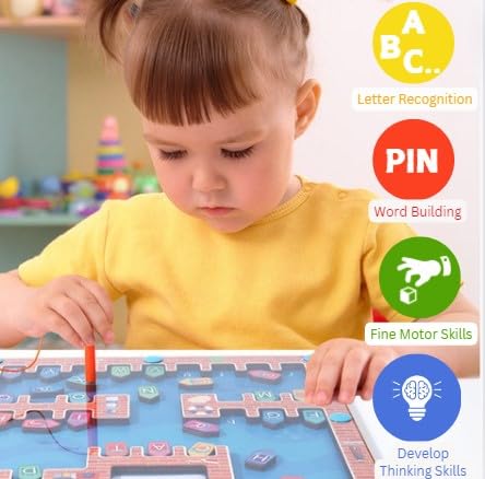 Magnetic Alphabet & Spelling Maze Puzzle- Wooden Fine Motor Skills Toys - Learn ABC & Spellings- Matching Game for Toddlers-Travel Games for Kids- Yacht