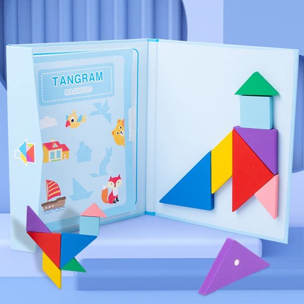 Travel Wooden Tangram Puzzle - 3D Magnetic Pattern Block Book with Solution- Road Trip Game