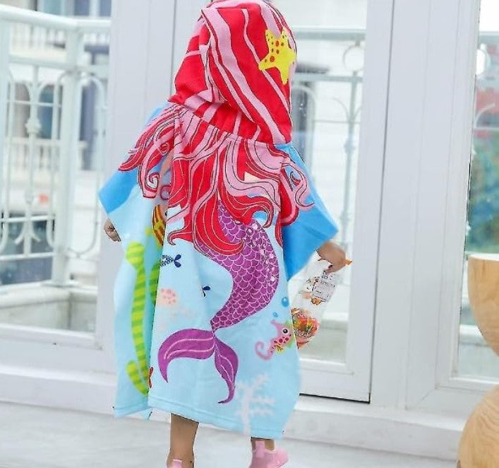 Hooded Purple Mermaid Poncho Kids Beach/Pool/Bath Towels - Lightweight Soft Microfiber Quick Dry Toddler Towel for Ages 4 to 7-29.5inch x 29.5 inch