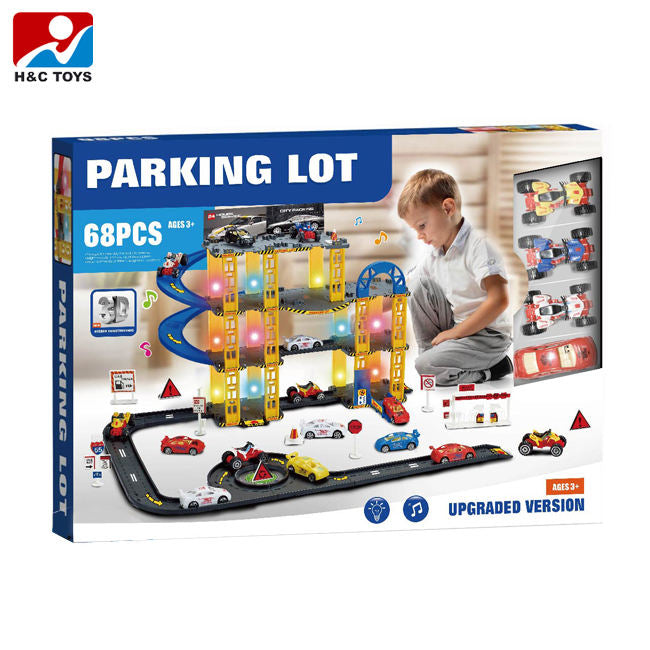 3 Level Parking Lot Garage Toy with 4 Cars- Light & Sound- 68 Pcs