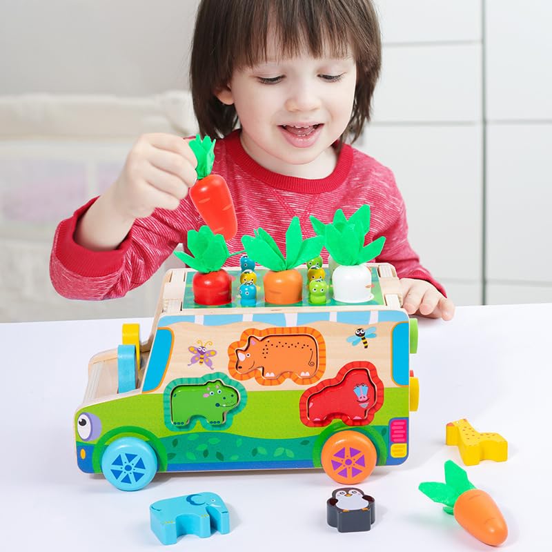 Multifunctional Wooden Puzzle Early Education & Montessori Toy with Pulling Carrots, Catching Bugs, Shape & Animal Matching Games !