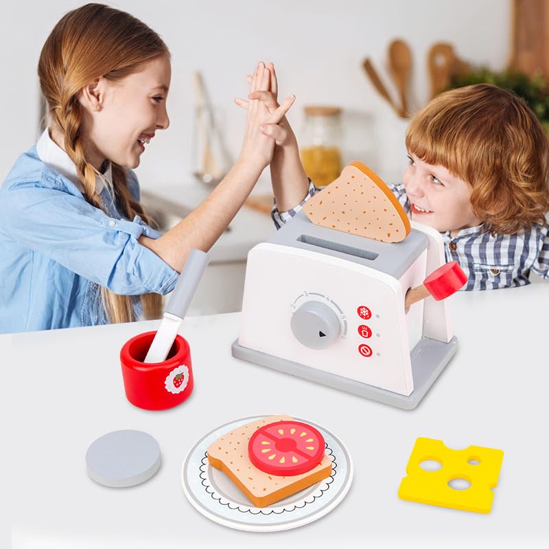 Pop Up Toaster Toy Set with Kitchen Accessories, 8 Pc Wooden Playset -Interactive Role Play Toys