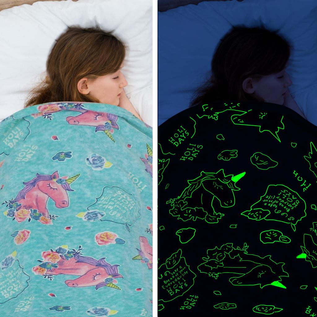 Green Unicorn Glow in The Dark Soft & Cozy Blanket- 80 x 60 inch