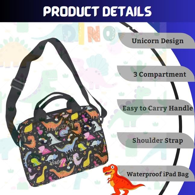 Kids iPad Bag with Handle & Shoulder strap- 3 compartments-Dinosaur Design -11inch x 9 inch