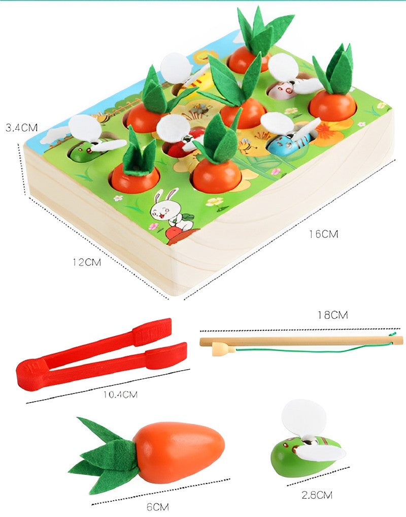 Wooden Montessori Toys- Carrot Harvest Game for Baby, Educational Toy- Shape Sorting & Matching Puzzle, Magnetic Fishing Game