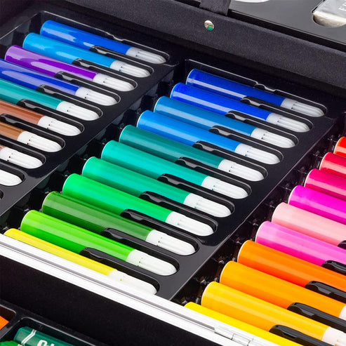 145Pcs Kids Art Set- Includes Oil Pastels, Colored Pencils & Pens, Watercolours & more- BTS Design Aluminium Case