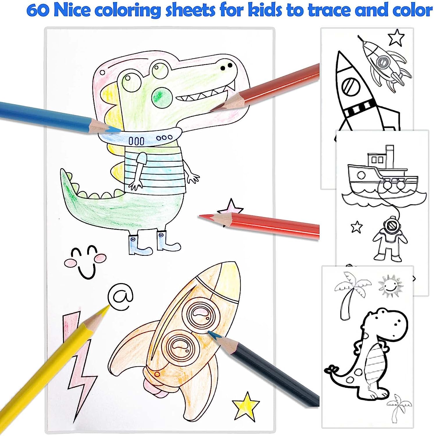 Travel Coloring Kit for Kids- No Mess Dinosaur Coloring Set with 60 Coloring Pages and 8 double sided Coloring Pencils