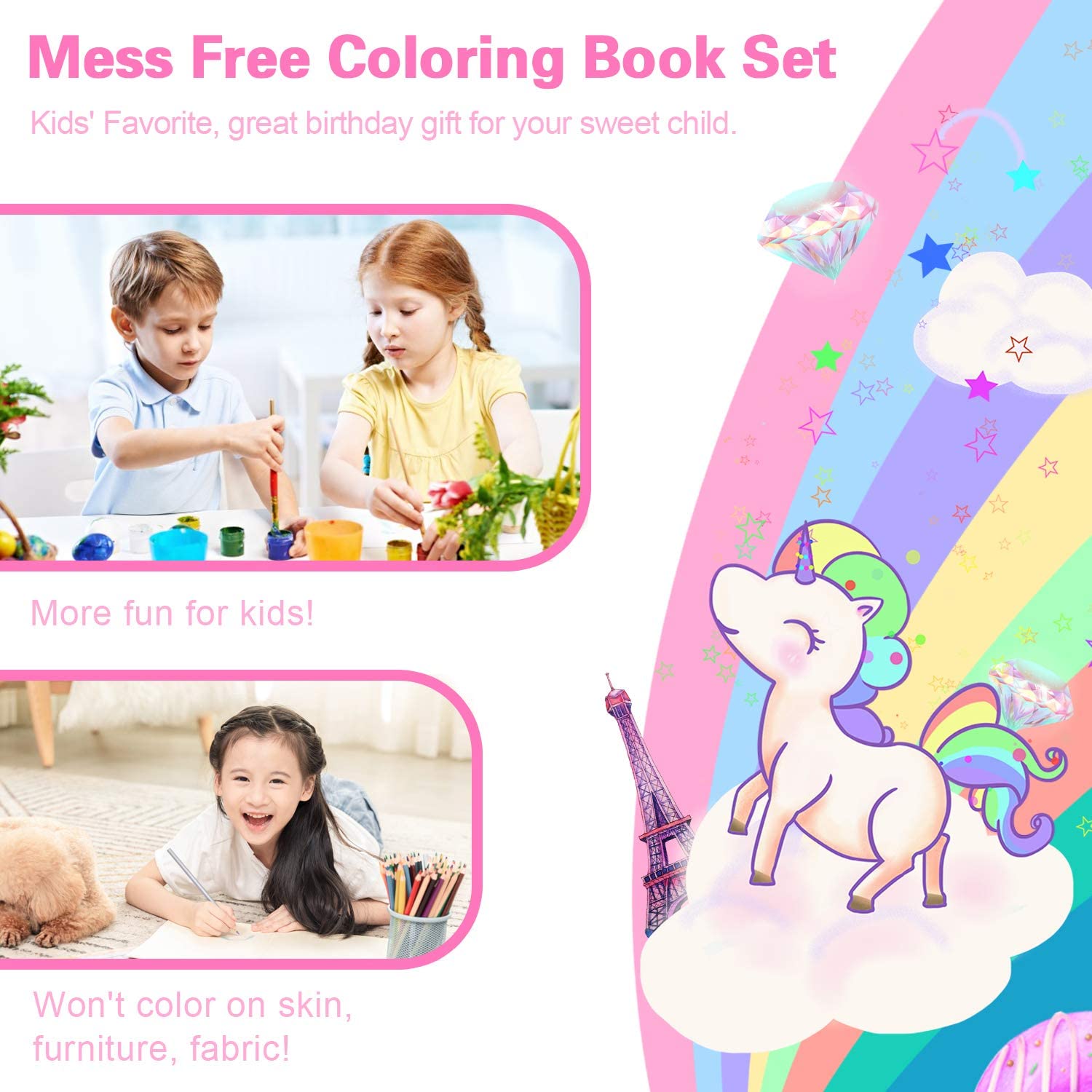 Travel Coloring Kit for Kids- No Mess Unicorn Coloring Set with 60 Coloring Pages and 8 double sided Coloring Pencils