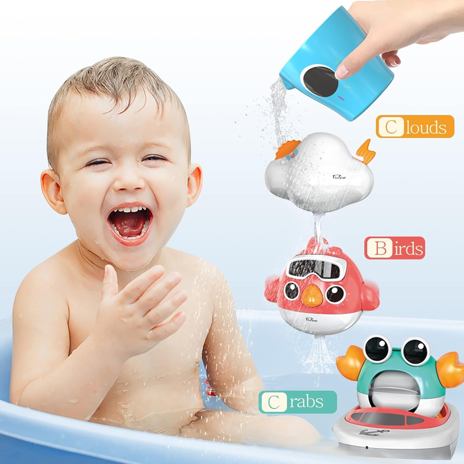 Baby Bath Toys Set- 5 Charming Water Toys – a Bird, Crab, Cloud, Wind up Boat, and Cup for Endless Bath-time Enjoyment for Toddlers and Kids