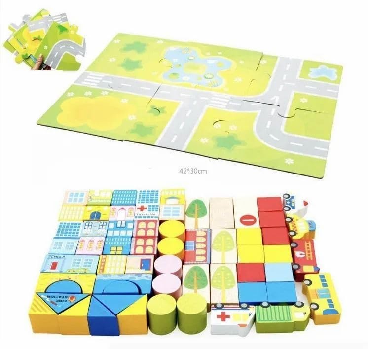 62 Pcs Wooden  City Construction  Building Blocks Toy Set