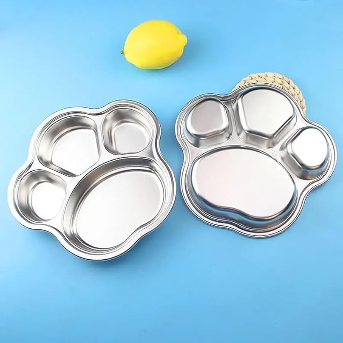 Stainless Steel Divided Meal Plate Tray-3 Compartments Dinner Dish for Baby (Paw)