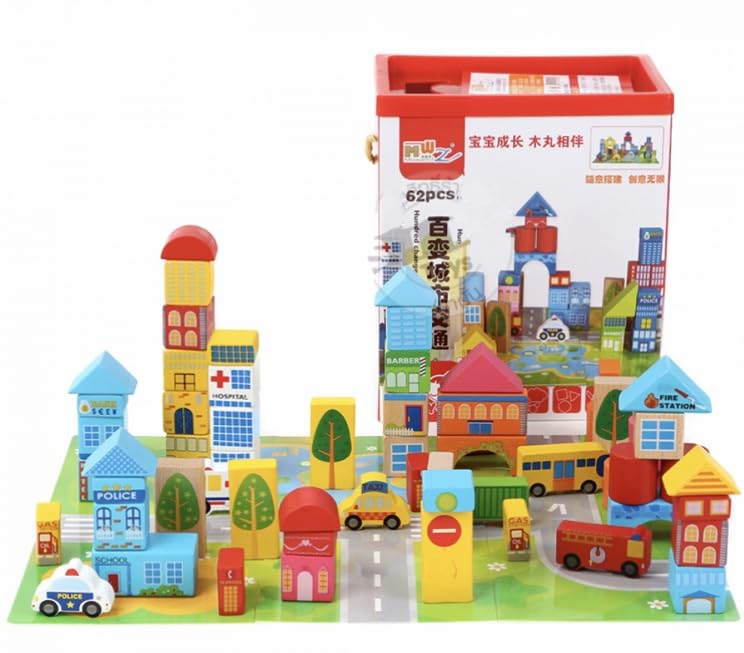 62 Pcs Wooden  City Construction  Building Blocks Toy Set