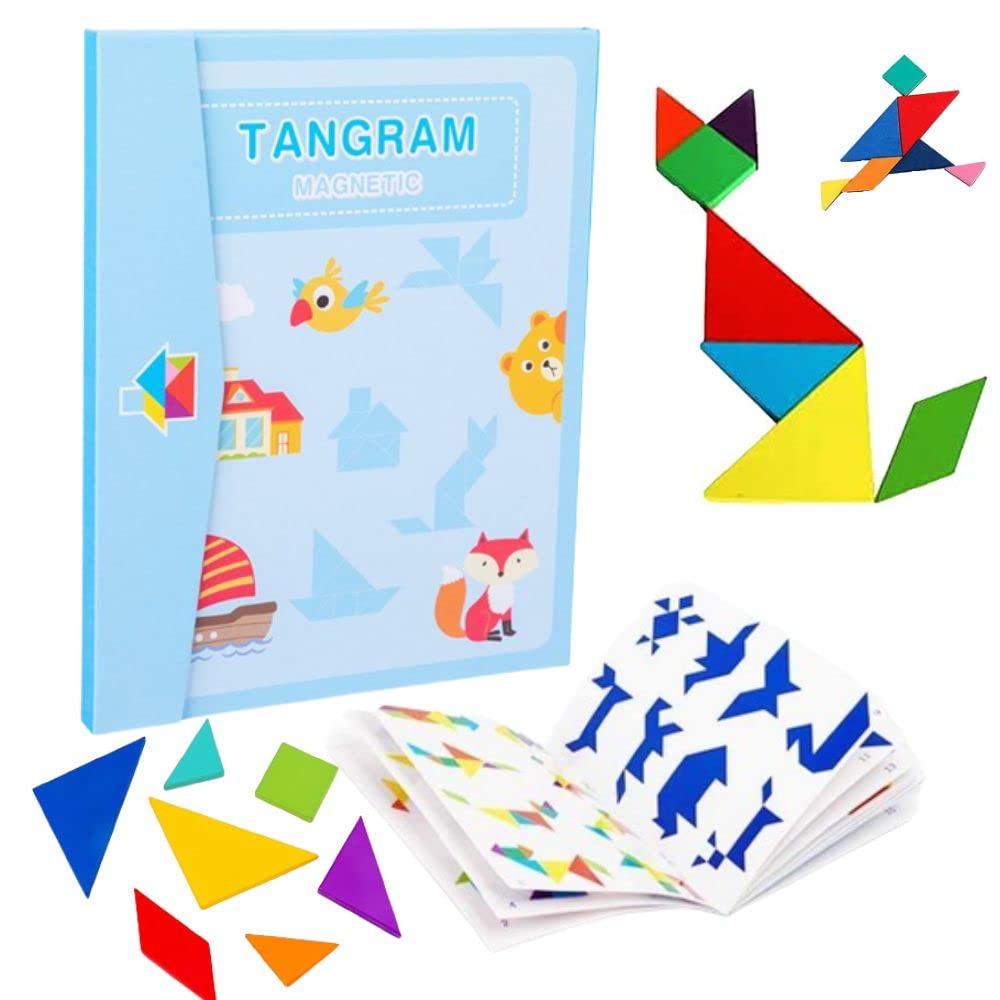 Travel Wooden Tangram Puzzle - 3D Magnetic Pattern Block Book with Solution- Road Trip Game