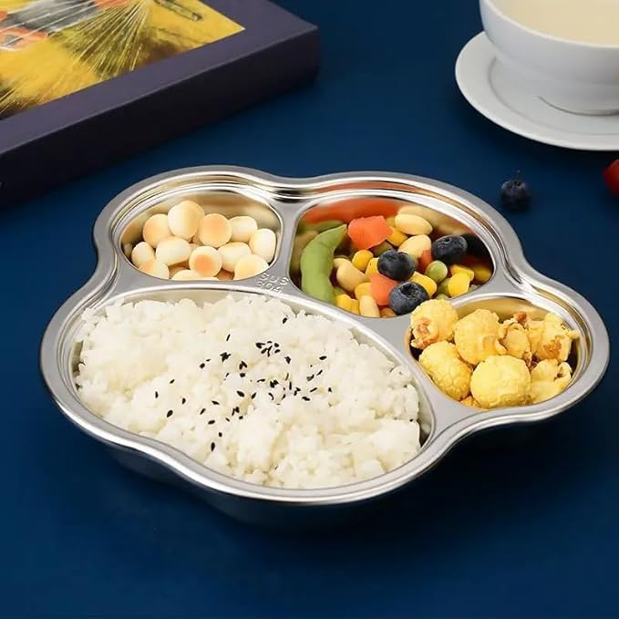 Stainless Steel Divided Meal Plate Tray-3 Compartments Dinner Dish for Baby (Paw)