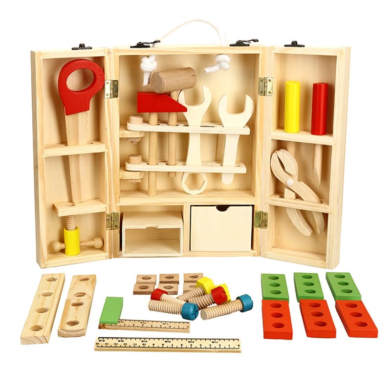 DIY Kids Wooden Portable Tool Box Toy - Role Play Kit 43 Pieces Set