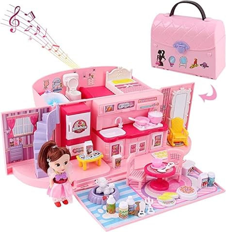 2-in-1 Light & Music Portable Pink Doll House Play Set with Carry Case and Doll – Mini Doll House in a Stylish Handbag- Great Gift for Kids