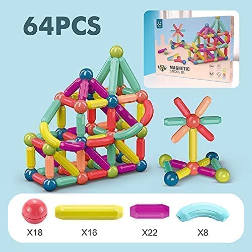 64 PCS Magnetic Stick and Balls Set Vibrant Colors- Magnetic Toys