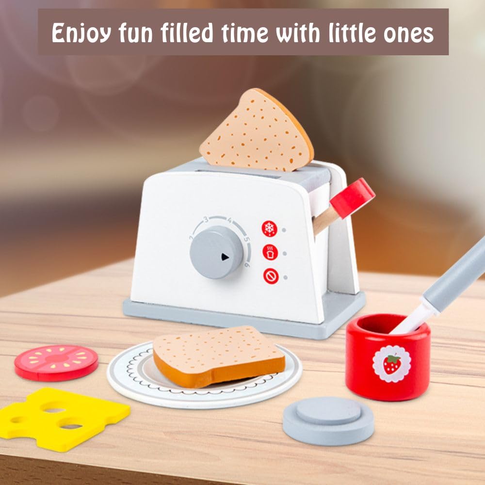 Pop Up Toaster Toy Set with Kitchen Accessories, 8 Pc Wooden Playset -Interactive Role Play Toys