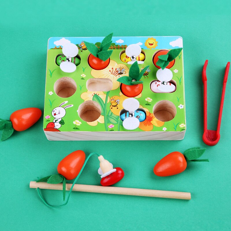 Wooden Montessori Toys- Carrot Harvest Game for Baby, Educational Toy- Shape Sorting & Matching Puzzle, Magnetic Fishing Game