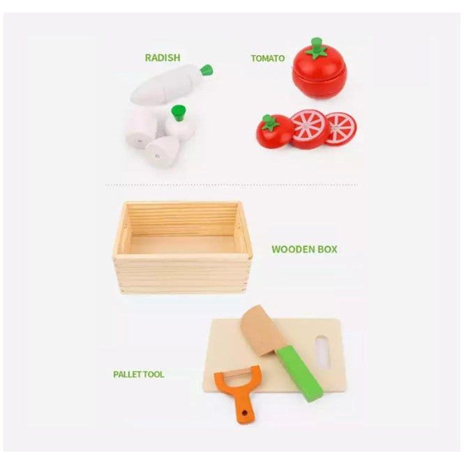 Wooden Vegetable & Fruit Cutter with Wooden Knife & Chopping Board- Kitchen Food Toys Pretend Play Set for Kids-