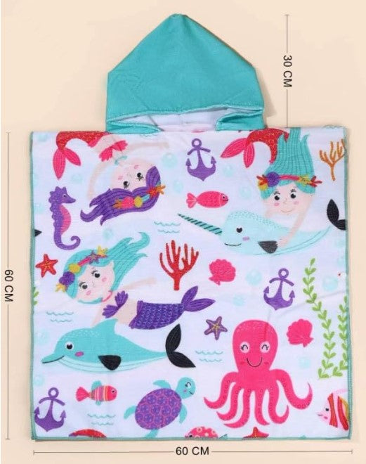 Hooded Cute Mermaid Poncho Kids Beach/Pool/Bath Towels - Lightweight Soft Microfiber Quick Dry Toddler Towel for Ages 4 to 7-29.5inch x 29.5 inch