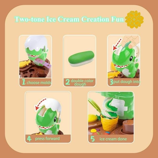 Color Playdough Dinosaur Ice Cream Maker-  Creations Food Creation with Tools, Molds