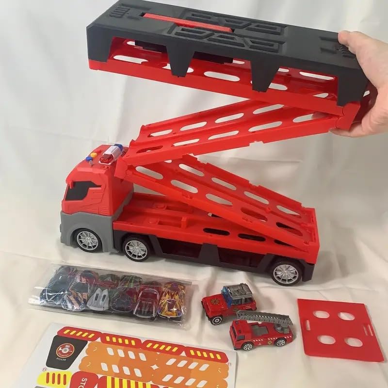 Big Hauler Storage & Deform Truck with Ejection Race Track 135cm & 6 Metal Racing Cars & 2 Construction Cars