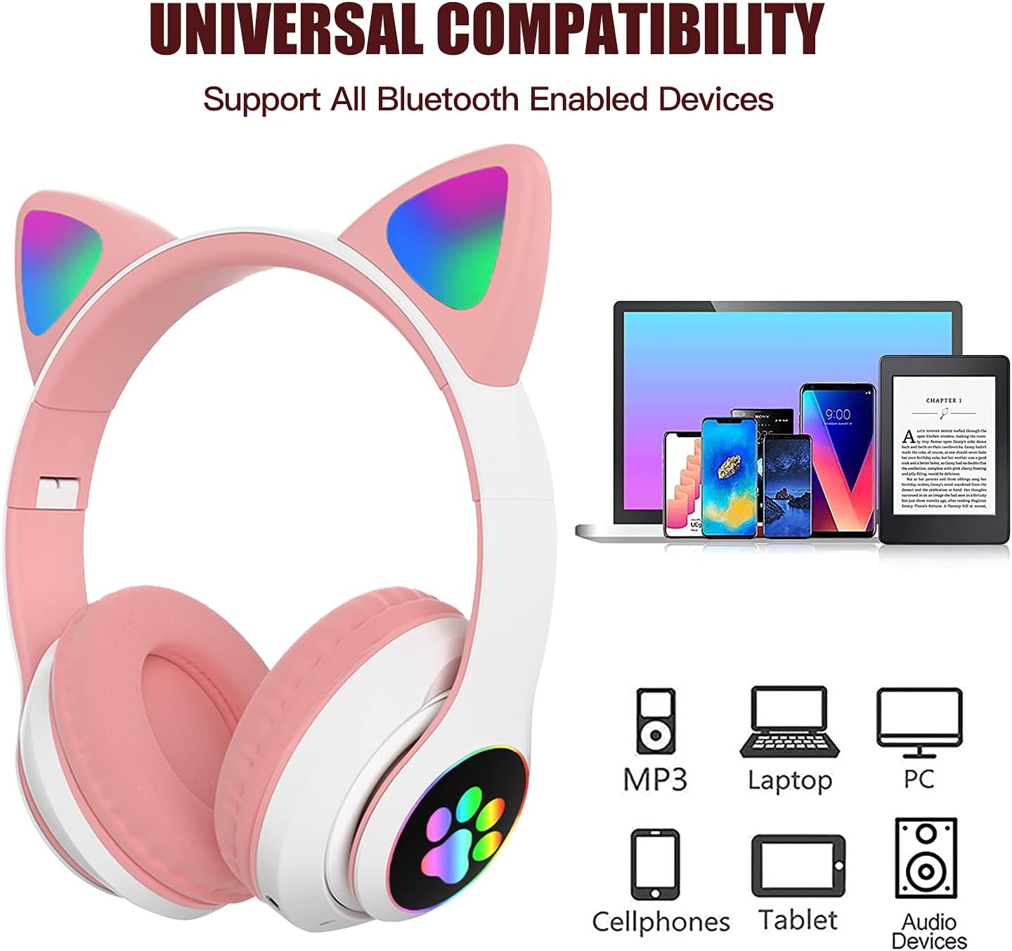 Cute Cat Ear Wireless Headphones- LED Lights, Noise Cancelling & Bluetooth 5.0